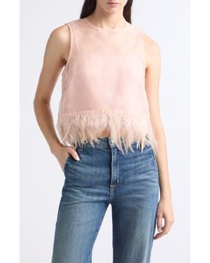 STAUD Avi Sleeveless Feather Trim Silk Top - Pink