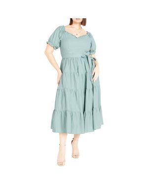 City Chic Puff Sleeve Tiered Midi Dress - Blue