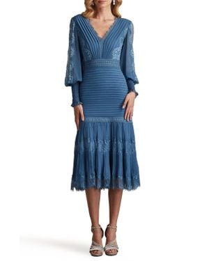 Tadashi Shoji Lace Pintuck Long Sleeve Cocktail Dress - Blue