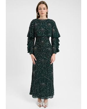 MARYISA Modest Embellished Sequin Beaded Dress Maxi With Cape Style Top - Green