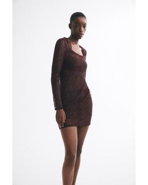 H&M Square-Neck Lace Dress - Brown