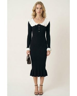 Modenaire Ribbed Knit Ruffled Collar Midi Dress - Black