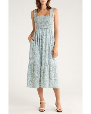 The Standard Stitch The Smocked Ruffle Tank Midi Dress - Blue