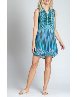 Apny Border Print Sleeveless Chiffon Shift Dress - Blue