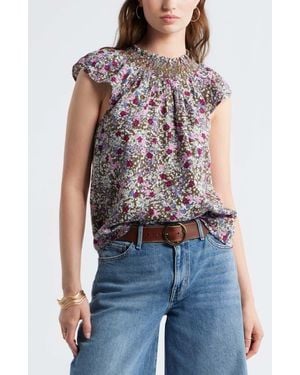 Treasure & Bond Smocked Neck Linen Blend Top - Blue