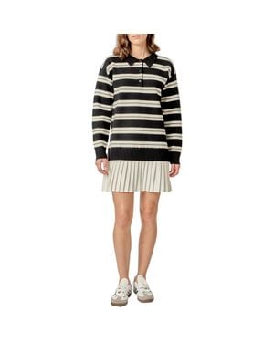 English Factory Stripe Mixed Media Long Sleeve Polo Dress - Black