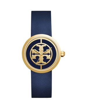 Tory Burch Reva Logo Dial Leather Strap Watch, 36Mm - Blue