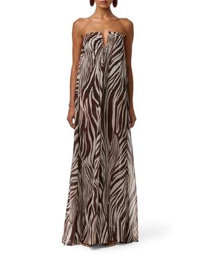 Naked Wardrobe Abstract Animal Print Strapless Wide Leg Chiffon Jumpsuit - Brown
