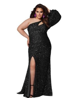 Sydney's Closet One-Shoulder Pouf Sleeve Sequin Plus Size Evening Gown - Black