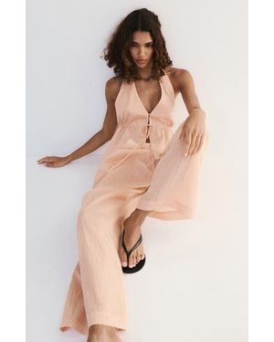 Mango Stripe Pleated Wide Leg Pants - Natural