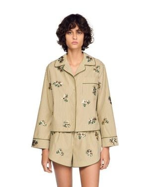 Sandro Striped Shirt, Floral Embroidery - Natural