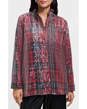 Foxcroft Carolina Plaid Sequin Shirt Jacket - Red