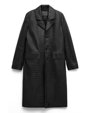 Mango Croc Embossed Leather Coat - Black
