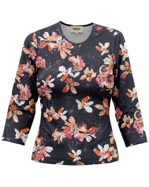 Index Graphic Cotton Round Neck Binding 3/4 Sleeve Tee - Blue