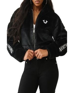 TRUE RELIGION Front Zip Faux Fur Hooded Jacket - Black