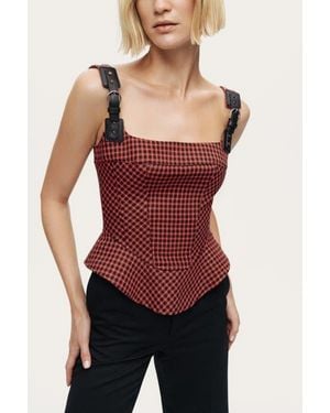 Nocturne Checked Buckle Strap Corset Top - Red