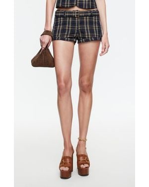 Lioness Afterglow Plaid Belted Low Rise Shorts - Black
