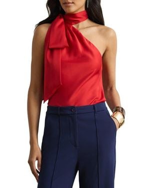 Ralph Lauren Tie Neck Asymmetric Charmeuse Halter Top - Red