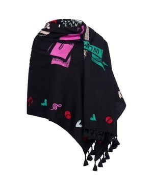Maison Common Embroidered Scarf With Tassels - Black