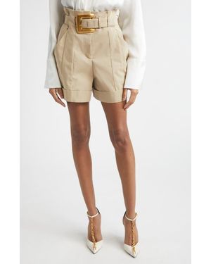 Balmain High Waist Belted Cotton Gabardine Shorts - Natural