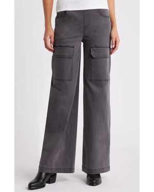 Hue Wide Leg Denim Pull-On Cargo Pants - Gray