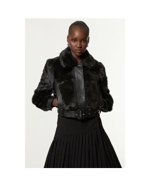 Karen Millen Faux Fur Pu Panel Belted Cropped Jacket - Black