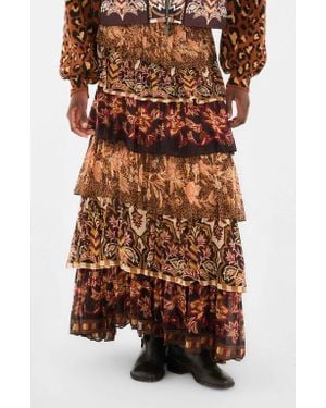 FARM Rio Mixed Scarf Print Tiered Ruffle Maxi Skirt - Brown