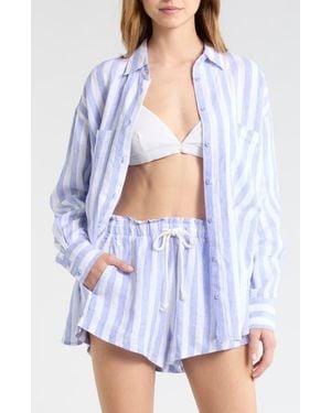 Left On Friday Getaway Stripe Linen Cover-Up Shirt - Blue
