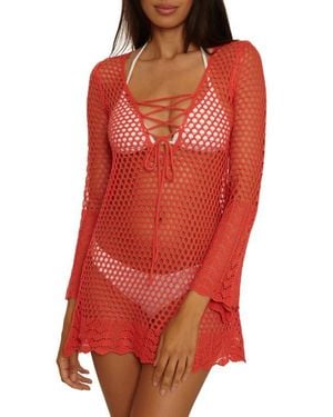 Becca Treasure Island Long Sleeve Reversible Open Knit Cover-Up Tunic - Red