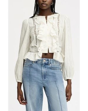Sam Edelman Lace Inset Ruffle Cotton Button-Up Shirt - Blue