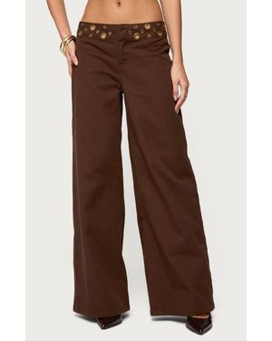Edikted Mixed Grommet Low Rise Wide Leg Jeans - Brown