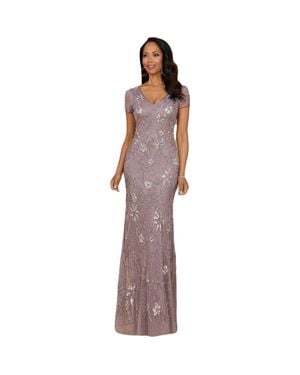 LARA New York V-Neck, Short Sleeve Beaded Gown - Purple