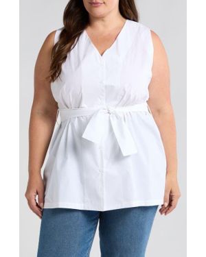 Harshman Reya Tie Waist Sleeveless Poplin Button-Up Top - White