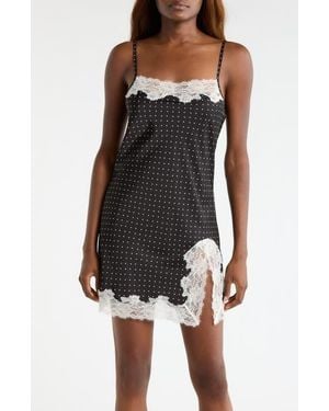 Open Edit Lace Trim Satin Chemise - Black