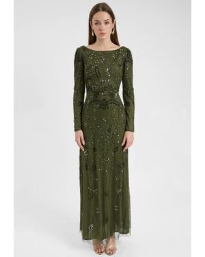 MARYISA Modest Embellished Sequin Beaded Dress Maxi With Wide Neck - Green