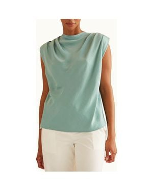 Crescent Cowl Neck Crushed Satin Top - Green