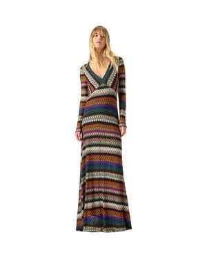 Missoni Flared Long Dress With V-Neck And Long Sleeves - Multicolor
