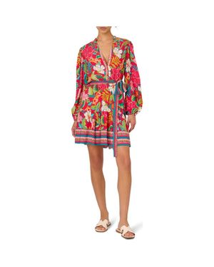 Adrianna Papell Mixed Floral Print Long Sleeve Dress - Red