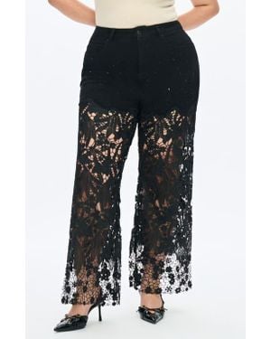 Bayeas Crystal Embellished Lace Wide Leg Jeans - Black