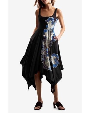 Desigual Placement Print Handkerchief Hem Stretch Cotton Dress - Black