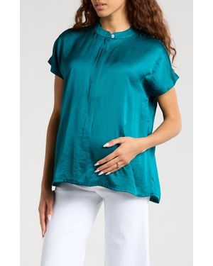 Marion Short Sleeve Satin Maternity Shell Top With Concealed Nursing Zip - Blue