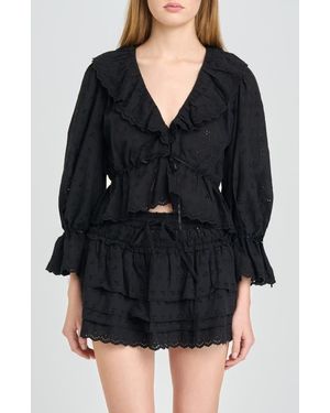 Wayf Sophia Eyelet Lace Trim Babydoll Crop Top - Black