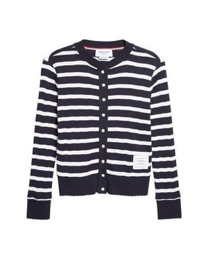 Thom Browne Stripe Scallop Edge Cotton Rib Cardigan - Blue