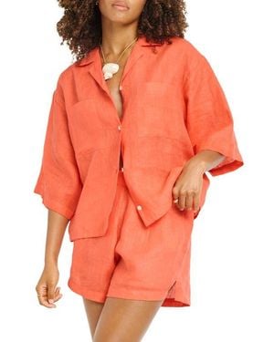 Vitamin A Rowan Resort Linen Cover-Up Shirt - Orange