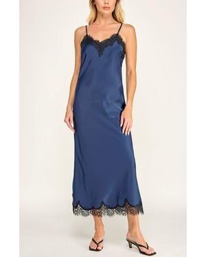 Socialite Lace Trim Satin Slip Midi Dress - Blue