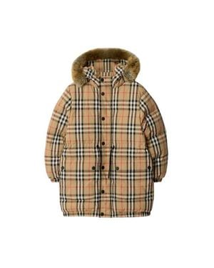 Burberry Faux Fur Trim Check Nylon Puffer Coat - Natural