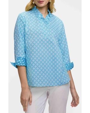 Foxcroft Tammy Geo Lattice Print Ruffle Collar Top - Blue