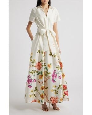 Tahari Print Tie Waist Gown - White