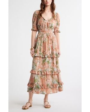 Treasure & Bond Smock Waist Ruffle Trim Tiered Maxi Dress - Natural