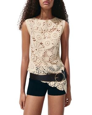 Mango Truita Open Work Knit Asymmetric Hem Top - Black